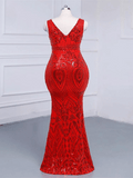 Plus Size Red Sequin V Neck Strapless Dress