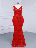 Plus Size Red Sequin V Neck Strapless Dress