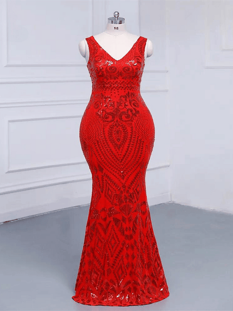 Plus Size Red Sequin V Neck Strapless Dress