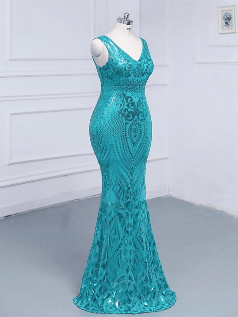 Plus Size Blue Sequin V Neck Strapless Dress