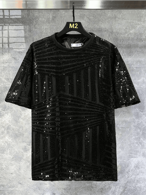 Black Men's Stripe Sequin Shirt