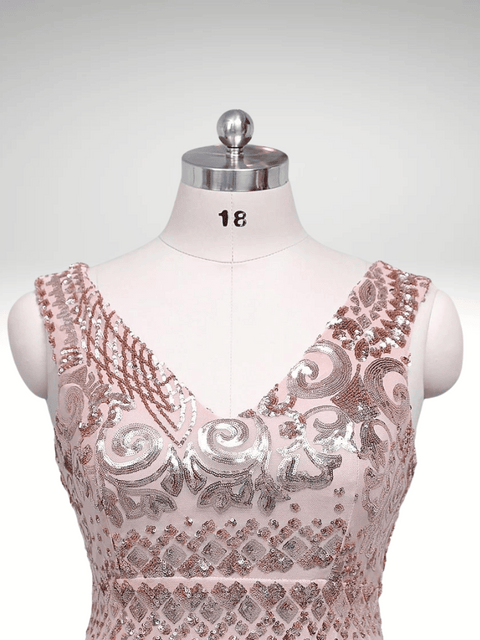 Plus Size Rose Pink Sequin V Neck Strapless Dress