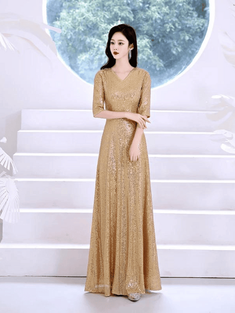 Long Gold Sequin Evening Dress 3/4 Sleeve