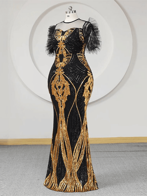 Plus Size Black Gold Evening Sequin Dress