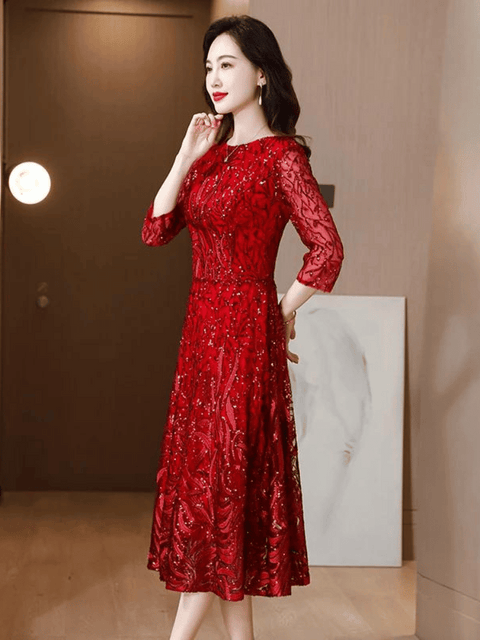 Long Sleeve Red Sequin Dress