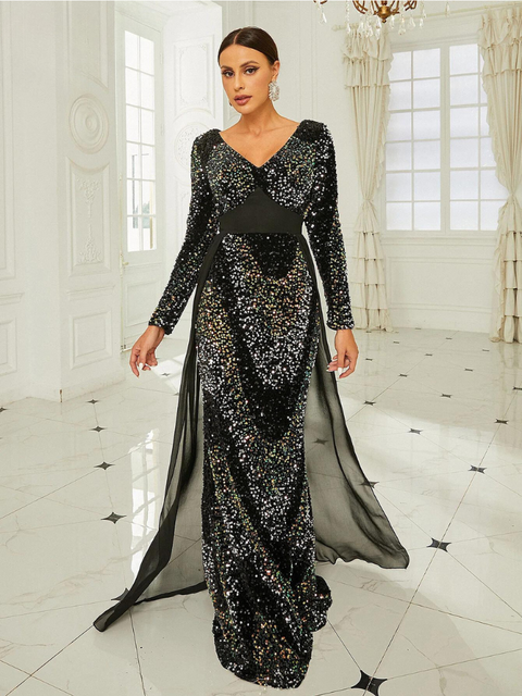 Sequin Dress Long Sleeve Black Multicolor