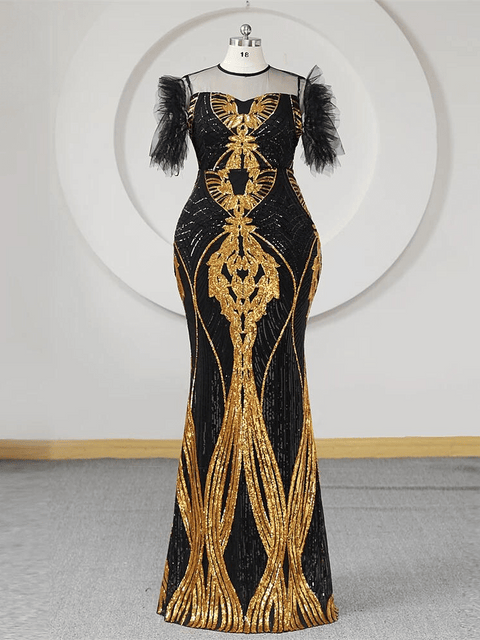 Plus Size Black Gold Evening Sequin Dress