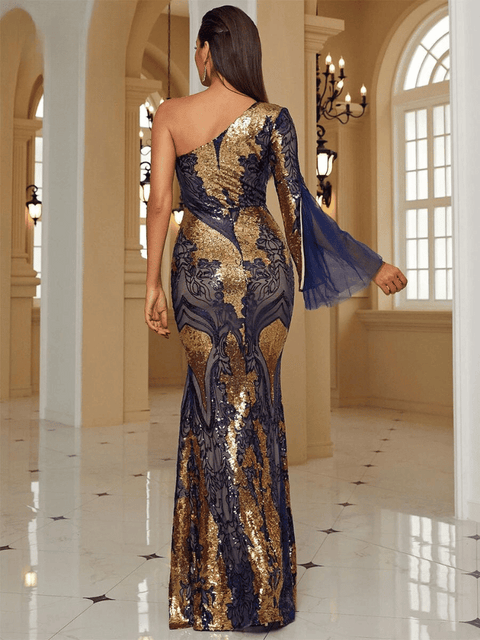 One Sleeve Blue Gold Sequin Dress