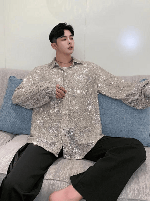 Silver Men's Shirt With Sequins