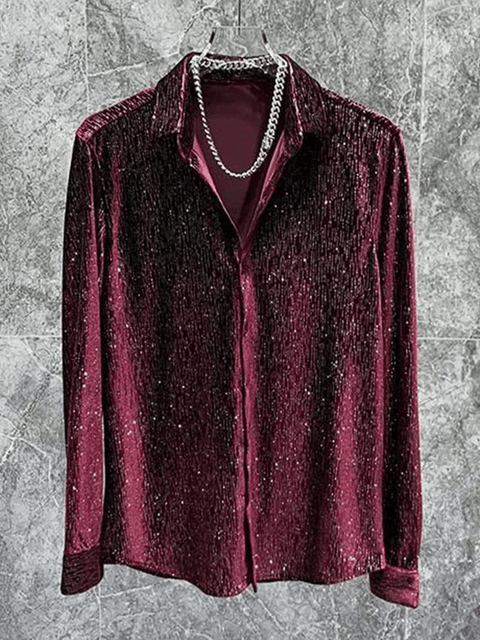 Burgundy Men's Sequin Shirt Velvet