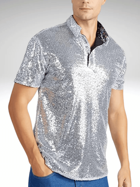 Silver Mens Sequin Polo Shirt