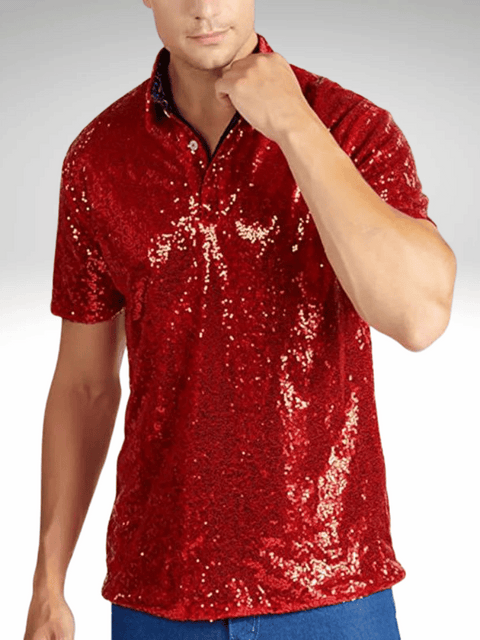 Red Mens Sequin Polo Shirt