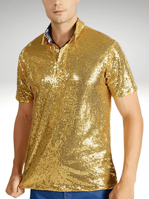 Gold Mens Sequin Polo Shirt