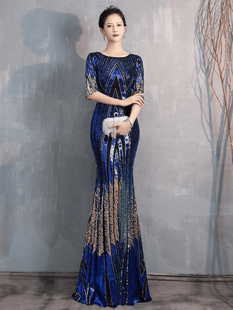 Blue Multicolor Sequin Evening Dress
