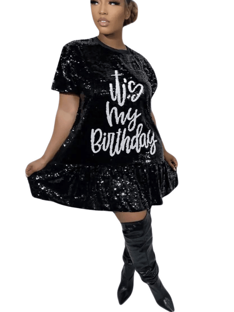 Black Sequin Shirt Dress Letters