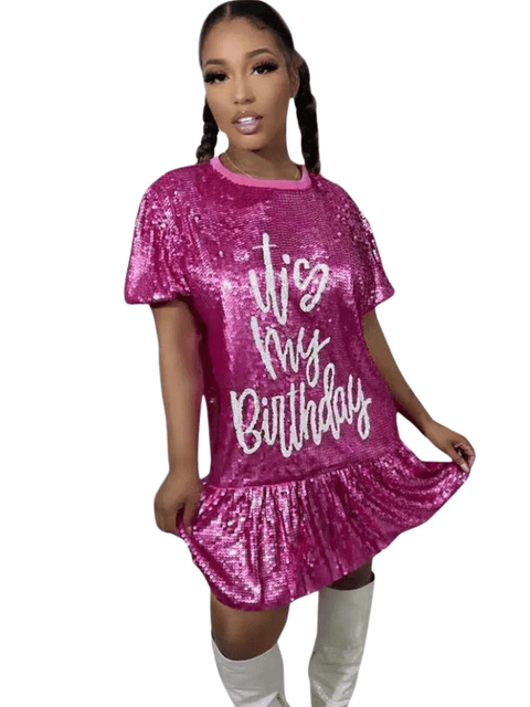 Pink Sequin Shirt Dress Letters
