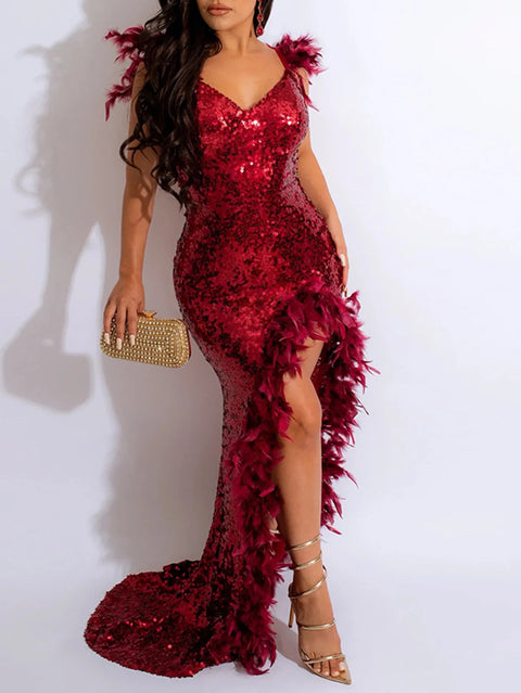 Red Strapless Sequin Feather Dress