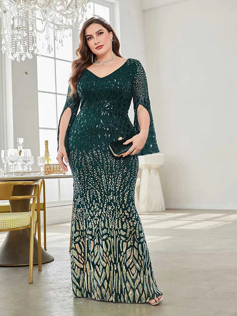 Plus Size Green Sequin Dress Flared Sleeves