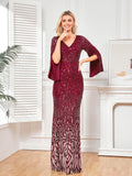 Plus Size Burgundy Sequin Dress Flared Sleeves
