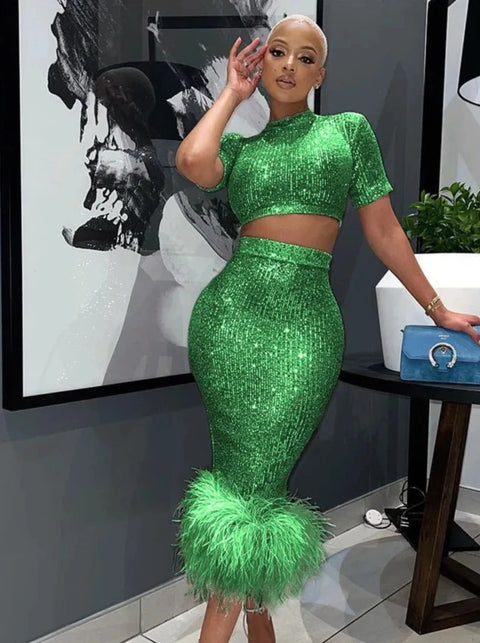 Sequin Two Piece Set Top And Low Feather Skirt green