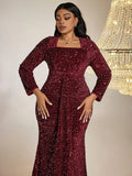 Burgundy Plus Size Sequin Dress Long Sleeve