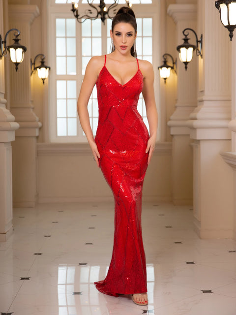 Red V Neck Sequin Dress