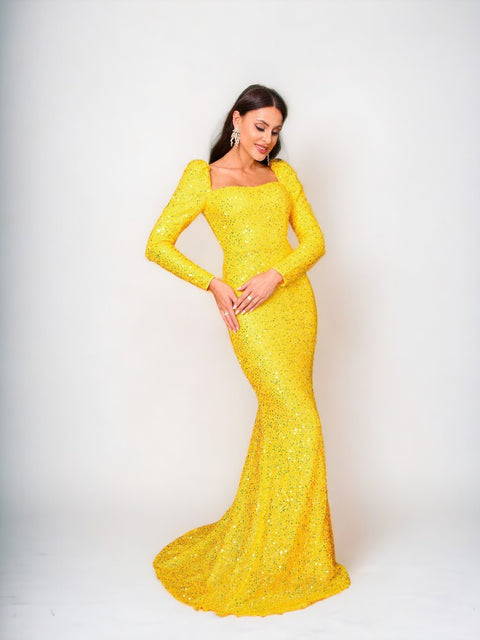 Yellow Sequin Dress Long Sleeve