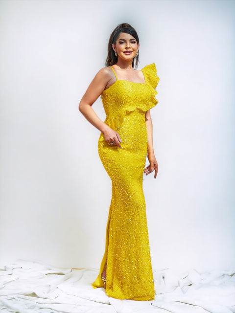 Yellow Sequin Evening Gown
