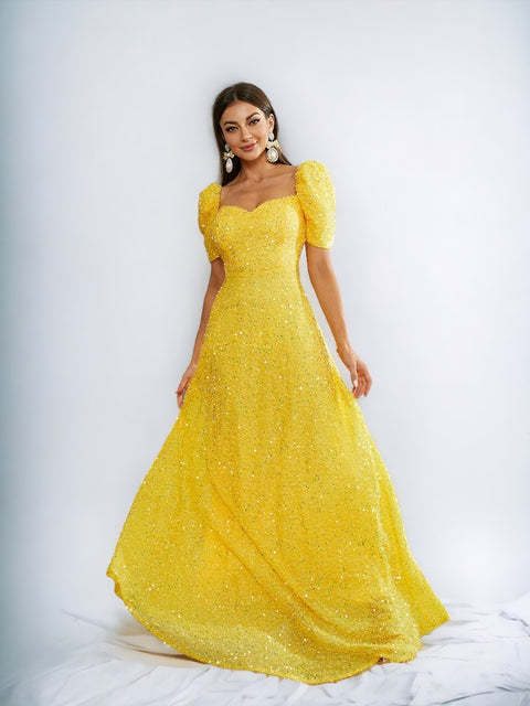 Yellow Sequin Prom Dress